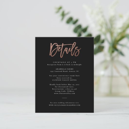 Moderne Script Rose Gold Wedding Details Card Einladung (Stehend Vorderseite)