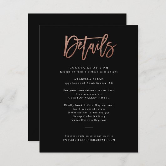 Moderne Script Rose Gold Wedding Details Card Einladung (Vorne/Hinten)