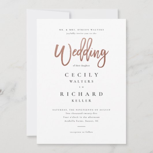 Moderne Script Rose Gold Wedding Einladung (Vorderseite)