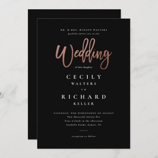 Moderne Script Rose Gold Wedding Einladung (Vorne/Hinten)