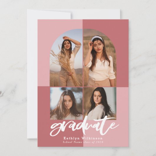 Moderne Script-Rose Rosa Arch Multi Foto Grad Einladung (Vorderseite)