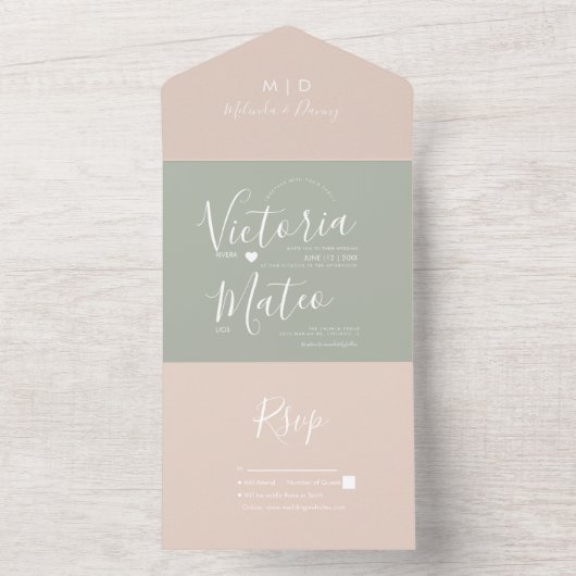 Moderne Script Sage Blush Pink Hochzeit All In One Einladung (Innen Boden)