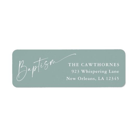 Moderne Script Sage Green Baptisse Rücksendeadress (Vorne)