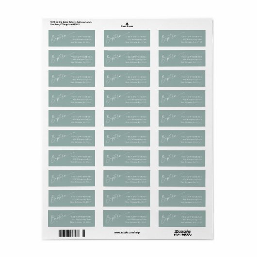 Moderne Script Sage Green Baptisse Rücksendeadress (Vorne)