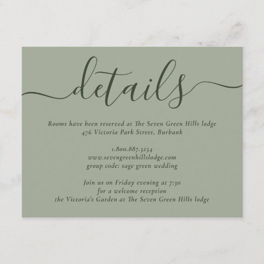 Moderne Script Sage Green Wedding Begleitkarte (Vorderseite)