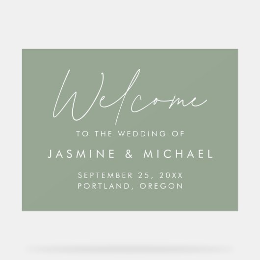 Moderne Script Sage Green Wedding Willkommen Acrylschild (Vorderseite)