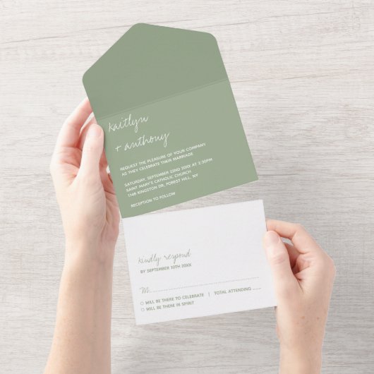 Moderne Script Sage Grüne Minimalistische Hochzeit All In One Einladung (Abreißen)