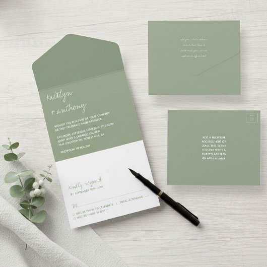 Moderne Script Sage Grüne Minimalistische Hochzeit All In One Einladung