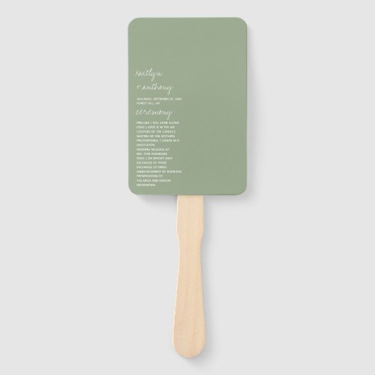 Moderne Script Sage Grüne Minimalistische Hochzeit Fächer (Vorderseite)