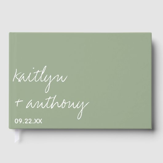 Moderne Script Sage Grüne Minimalistische Hochzeit Gästebuch (Vorderseite)