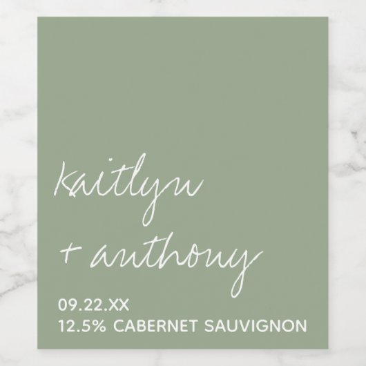 Moderne Script Sage Grüne Minimalistische Hochzeit Weinetikett (Einzelnes Label)