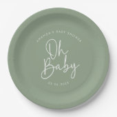 Moderne Script-Sage Oh Baby Simple Baby Dusche Pappteller (Vorderseite)