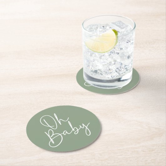 Moderne Script-Sage Oh Baby Simple Baby Dusche Runder Pappuntersetzer (Vor Ort)