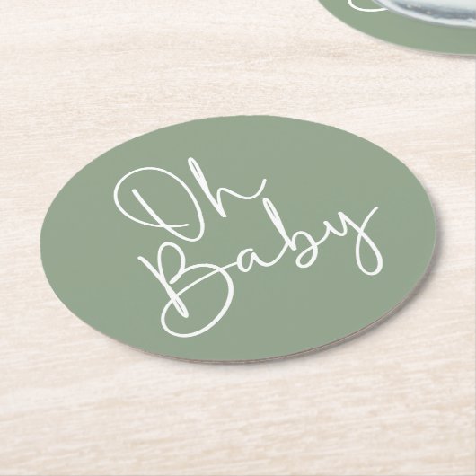 Moderne Script-Sage Oh Baby Simple Baby Dusche Runder Pappuntersetzer (Angewinkelt)