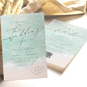 Moderne Script Sand Hearts Beach-Hochzeit Alles in Einladung