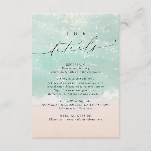 Moderne Script Sand Hearts Beach Hochzeitdetails Begleitkarte (Vorderseite)