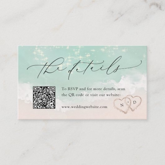 Moderne Script Sand Hearts Beach Hochzeitdetails Platzkarte (Vorderseite)