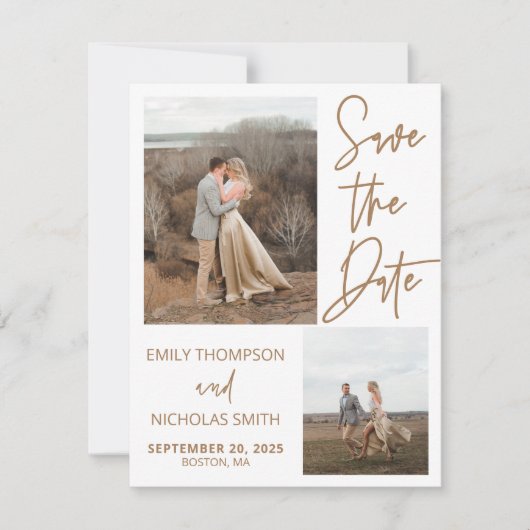 Moderne Script Save the Date Card mit zwei Bildern (Vorderseite)