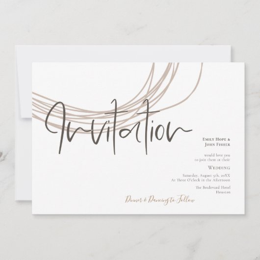 Moderne Script Scribble Circular Line Beige Weddin Einladung (Vorderseite)