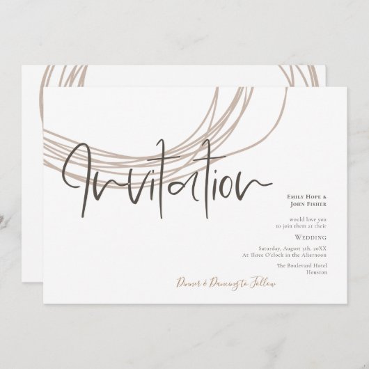 Moderne Script Scribble Circular Line Beige Weddin Einladung (Vorne/Hinten)
