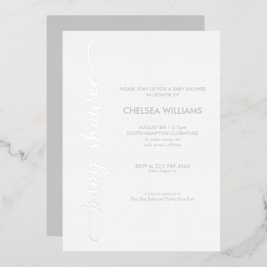 Moderne Script Silver Real Foil Babydusche Folieneinladung (Vorderseite/Rückseite)