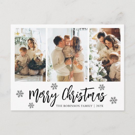 Moderne Script Snowflake 3 Foto Collage Weihnachte Postkarte (Vorderseite)