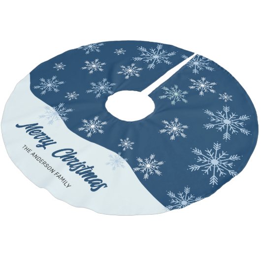 Moderne Script Snowflakes Dark Blue Weihnachten Polyester Weihnachtsbaumdecke (Schrägansicht)