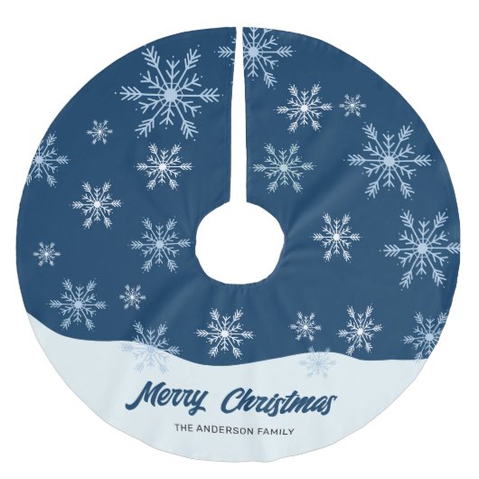 Moderne Script Snowflakes Dark Blue Weihnachten Polyester Weihnachtsbaumdecke (Vorderseite)