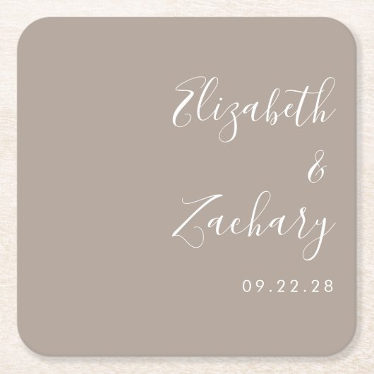 Moderne Script Taupe Hochzeit Rechteckiger Pappuntersetzer (Vorderseite)