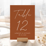 Moderne Script Terracotta Wedding Tischnummer Card<br><div class="desc">Einfache, moderne Hochzeitskarten mit "Tischnummer", die in einem handgeschriebenen, weißen Schrift mit Terrakotta-Hintergrund (oder einer Farbe Ihrer Wahl) angezeigt werden. Um die Terracotta Hochzeitskarten zu bestellen: Name, Hochzeitsdatum und Tischnummer hinzufügen. Jede Nummer muss individuell in Ihren Warenkorb aufgenommen werden. Nachdem Sie alle Tischnummern in Ihren Warenkorb gelegt haben, checken Sie...</div>