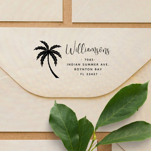 Moderne Script Tropical Palm Tree Rücksendeadresse Gummistempel