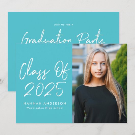 Moderne Script Turquoise Foto Graduation Party Einladung (Vorne/Hinten)