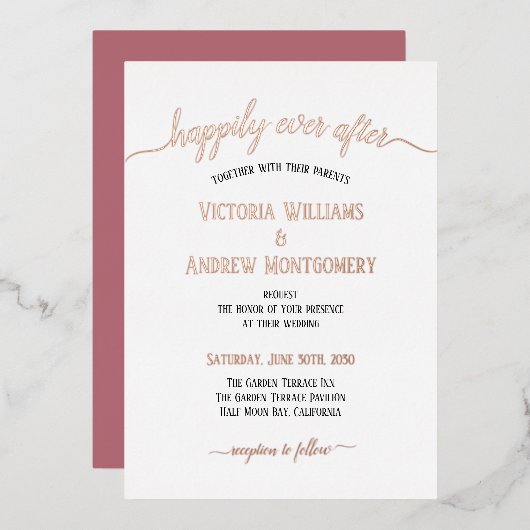 Moderne Script Typografy Rose Gold Wedding Folieneinladung (Vorderseite/Rückseite)