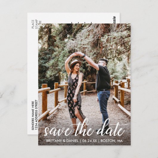 Moderne Script-Verlobung Save the Date Foto Postkarte (Vorne/Hinten)
