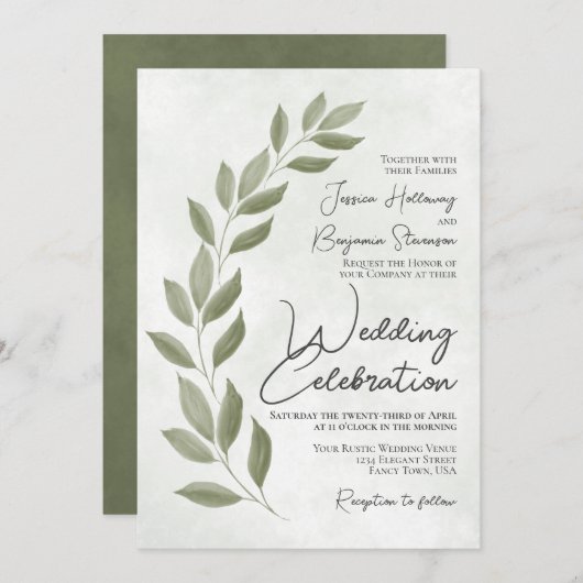 Moderne Script Watercolor Sage Grüne Hochzeit Einladung (Vorne/Hinten)