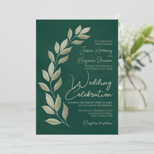 Moderne Script Watercolor Smaragdgrüne Hochzeit Einladung (Stehend Vorderseite)