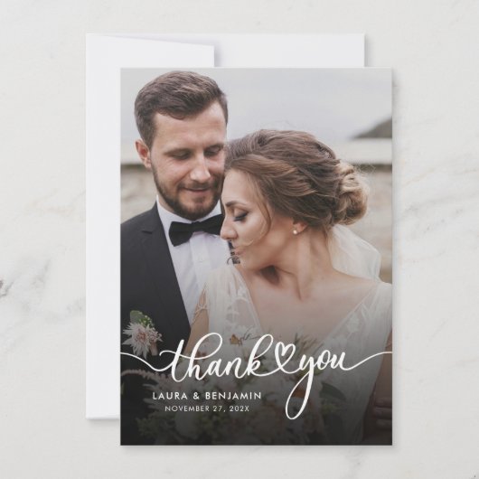 Moderne Script Wedding 2 Fotos Danke Karte (Vorderseite)