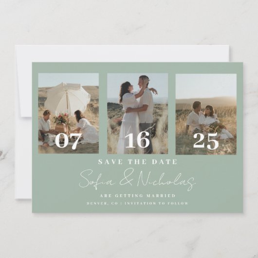 Moderne Script Wedding Collage Sage Green Save The Date (Vorderseite)