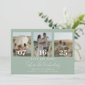 Moderne Script Wedding Collage Sage Green Save The Date (Stehend Vorderseite)