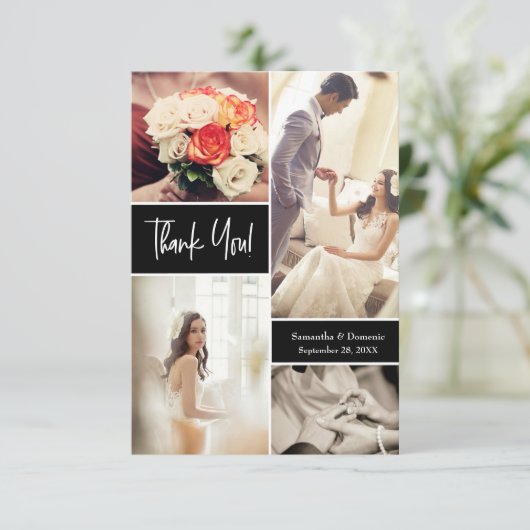 Moderne Script Wedding Foto Collage Dankeskarte (Stehend Vorderseite)