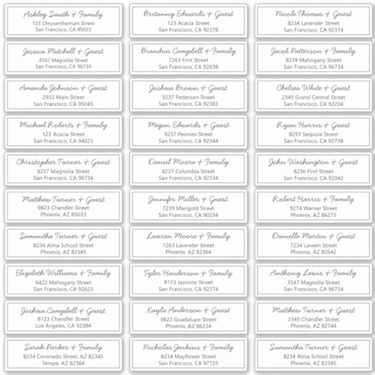 Moderne Script Wedding Guest Names Adresse Aufkleber (Vorderseite)