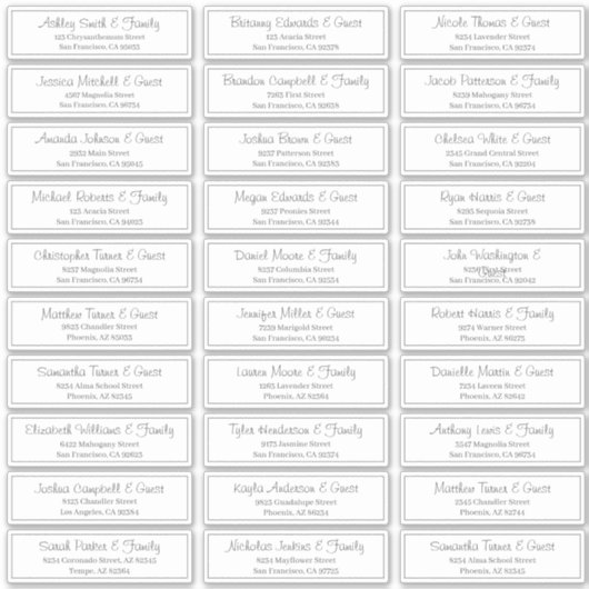 Moderne Script Wedding Guest Names Adresse Aufkleber (Vorderseite)