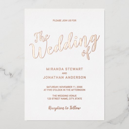 Moderne Script Wedding Rose Gold Foil Einladung (Vorderseite)