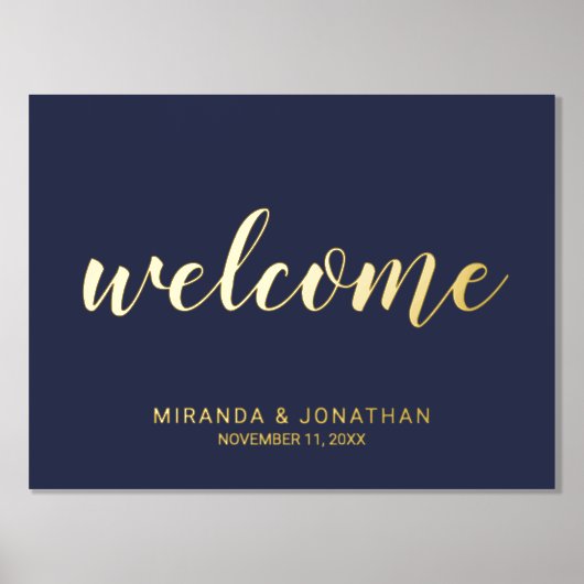 Moderne Script Wedding Welcome Navy und Gold Foliendrucke (Vorderseite)