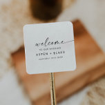 Moderne Script Wedding Welcome Square Sticker<br><div class="desc">Diese modernen Hochzeitsaufkleber sind perfekt für eine minimalistische Hochzeit. Das schlichte Schwarz-Weiß-Design zeichnet sich durch eine einzigartige industrielle Schrift mit modernem Boho-Stil aus. Anpassbar in jeder Farbe. Behalt das Design minimal und elegant, wie es ist, oder personalisiere es durch Hinzufügen von eigenen Grafiken und Kunstwerken. Personalisieren Sie diese Aufkleber mit...</div>