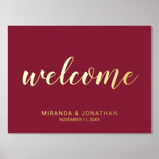 Moderne Script Wedding Willkommen Burgundy und Gol Foliendrucke (Vorderseite)