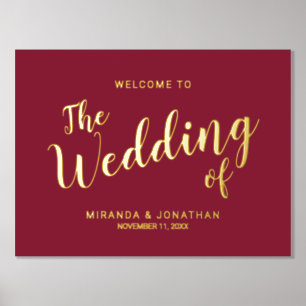 Moderne Script Wedding Willkommen Burgundy und Gol Foliendrucke