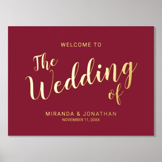 Moderne Script Wedding Willkommen Burgundy und Gol Foliendrucke (Vorderseite)