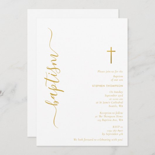 Moderne Script White & Gold Christening Taufe Einladung (Vorne/Hinten)