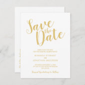 Moderne Script White und Gold Hochzeit speichern d Ankündigungspostkarte (Vorne/Hinten)